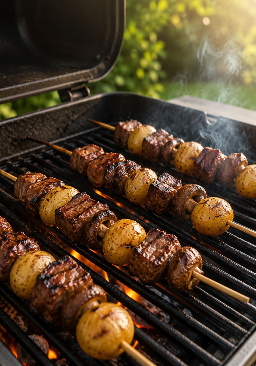 Grilled steak and potato kabobs sizzling on outdoor gas grill with visible char marks and smoke