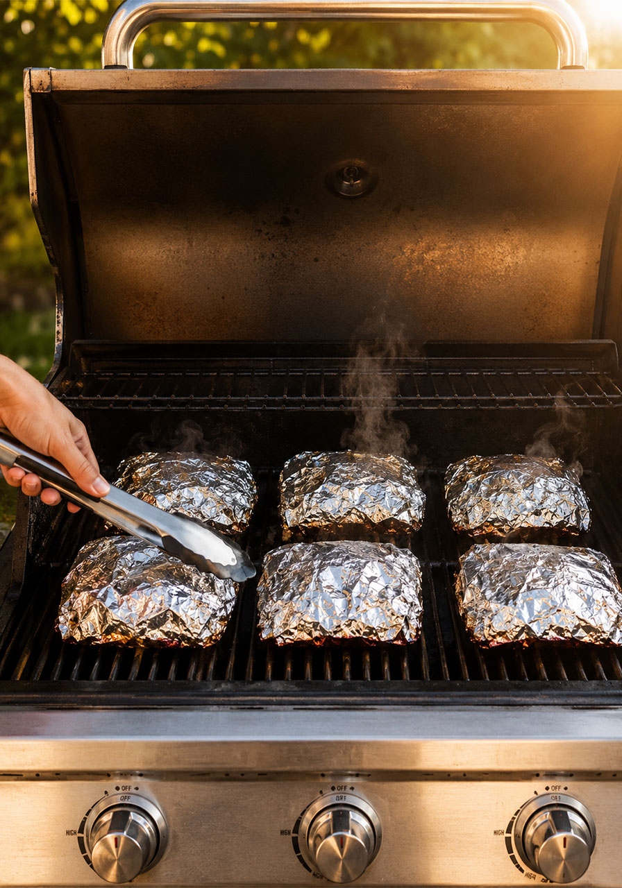 Six campfire cheeseburger hobo packets cooking on a gas grill over medium heat