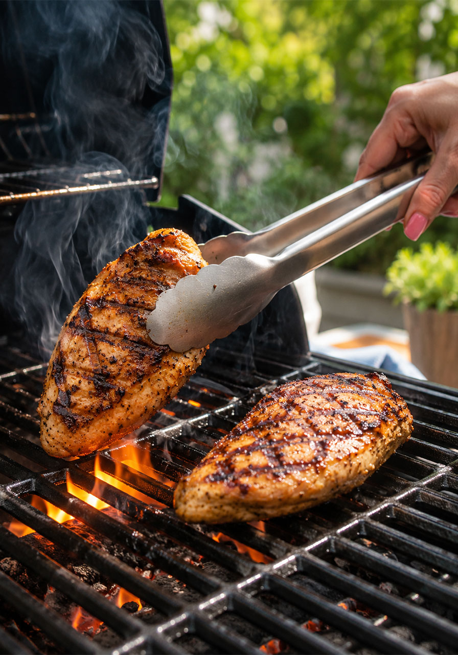Grilled chicken breast with char marks being flipped with tongs on a hot outdoor gas grill with flames visible underneath, cooking for grilled California avocado chicken recipe