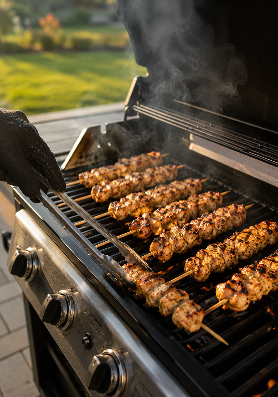 Ranch garlic parmesan chicken skewers grilling with golden char marks on an outdoor grill