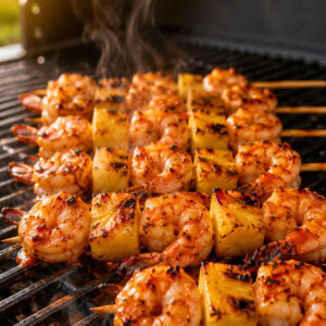 Sweet and spicy pineapple shrimp skewers sizzling on a gas grill grate with caramelizing glaze and wisps of smoke