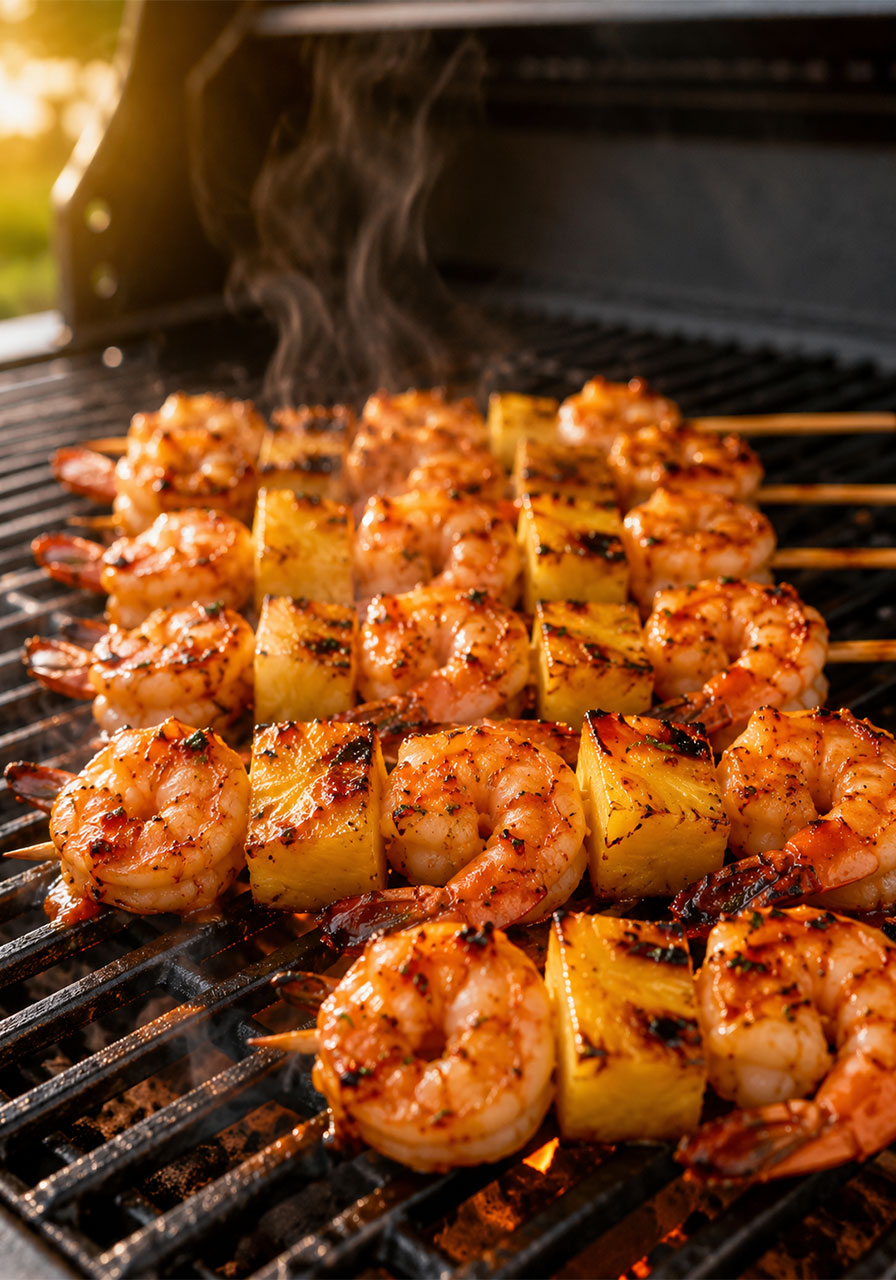 Sweet and spicy pineapple shrimp skewers sizzling on a gas grill grate with caramelizing glaze and wisps of smoke