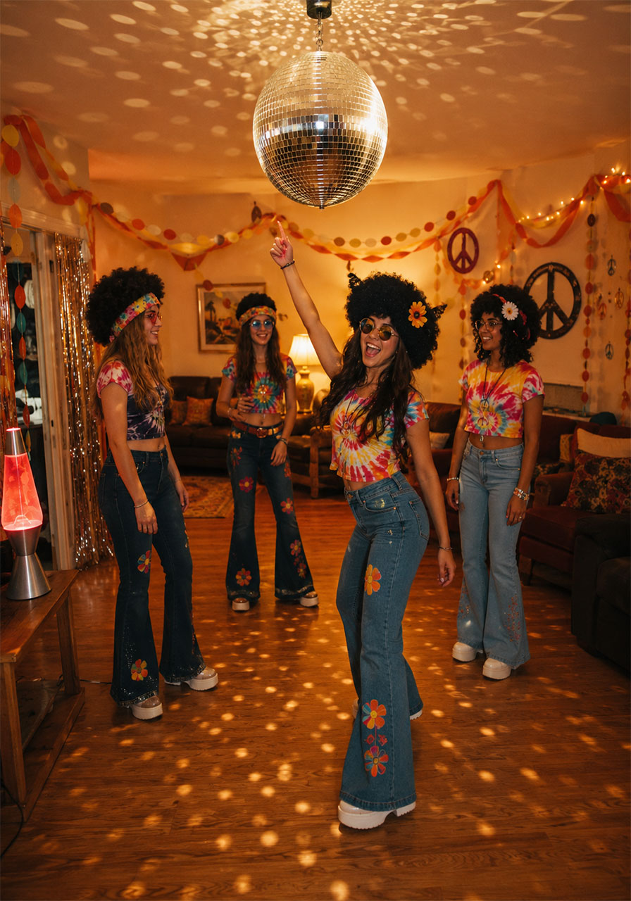 Teen girls in 70s costumes dancing at groovy retro birthday party with disco ball and lava lamp