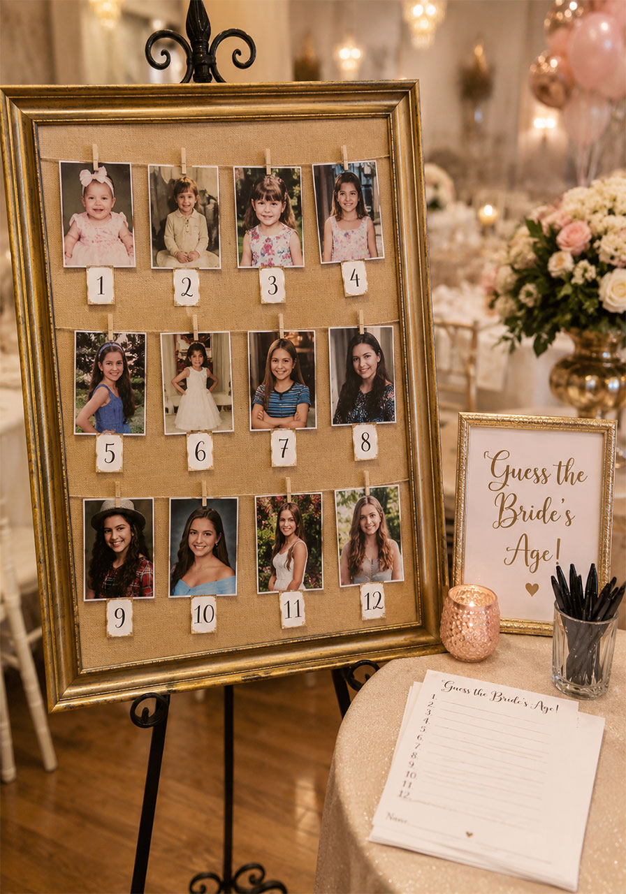 Numbered childhood photos of the bride displayed on a gold frame board for the guess the bride's age bridal shower game