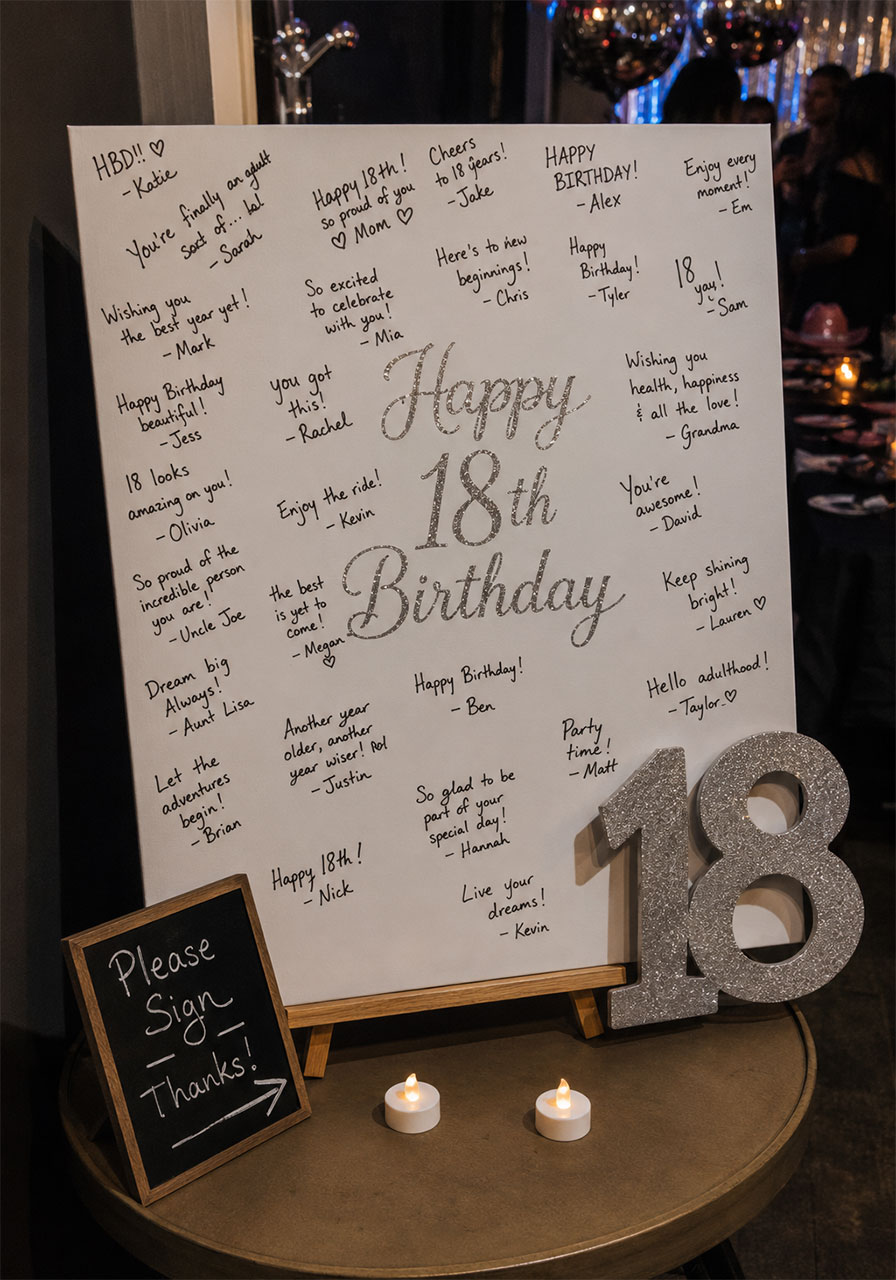 Guest signature canvas with glitter 18 cutout and handwritten messages as 18th birthday party keepsake