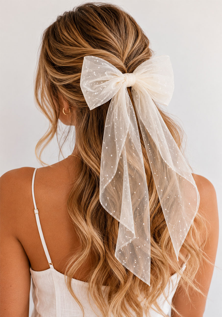 Bride's half-up hairstyle with sheer ivory polka-dot tulle bow — elegant bridal shower hair idea