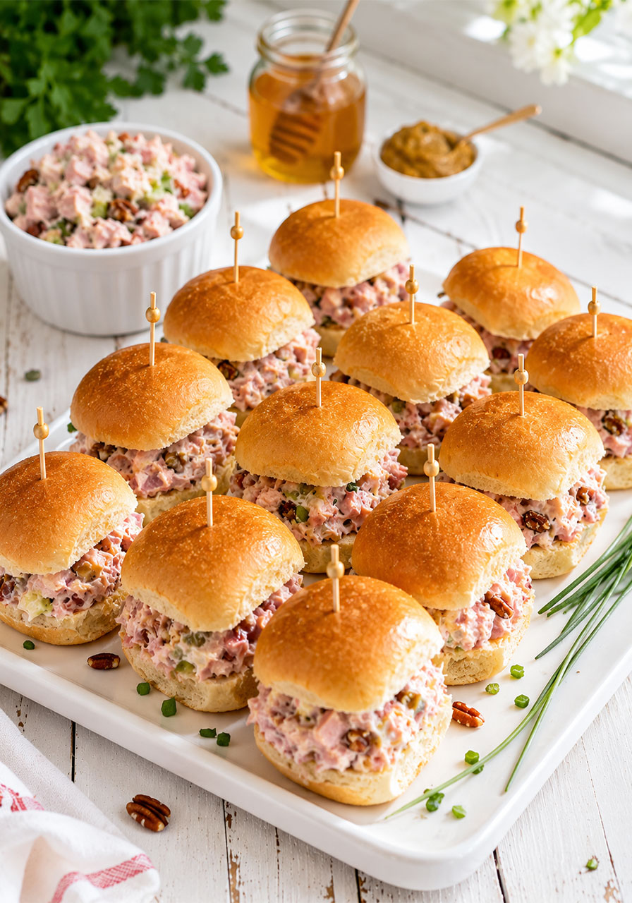 Ham salad sliders with toasted pecans on a party platter, an easy no-cook summer entertaining recipe