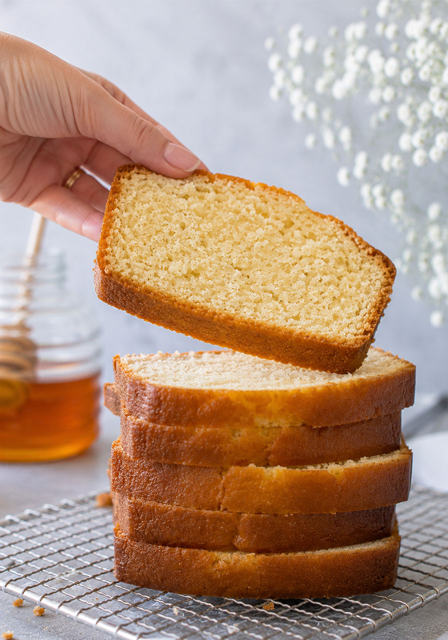 Hand holding a moist slice of homemade honey tea cake loaf