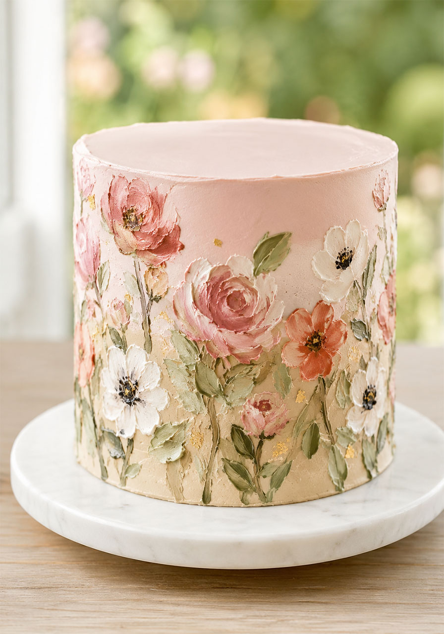 Elegant hand-painted watercolor floral buttercream cake on marble stand for a romantic garden bridal shower