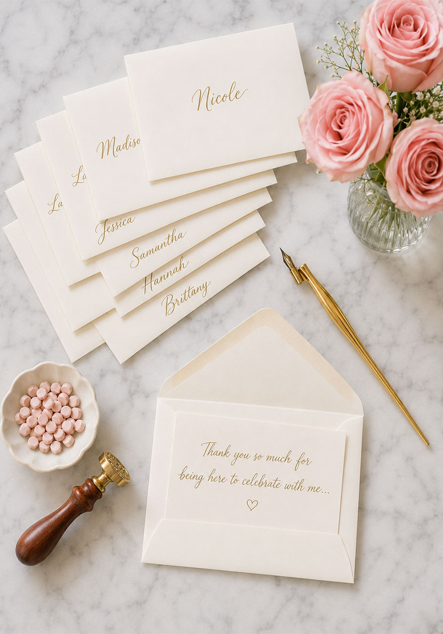 Handwritten thank-you note cards with gold calligraphy envelopes for bridal shower guests