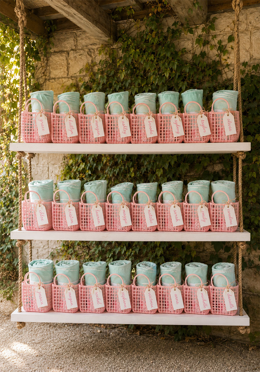 Three-tier hanging rope shelf display filled with personalized pink jelly tote favor bags at a pastel summer pool party