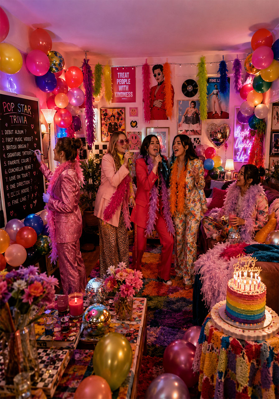 Teen girls in feather boas and colorful outfits at Harry Styles themed birthday party with rainbow decor