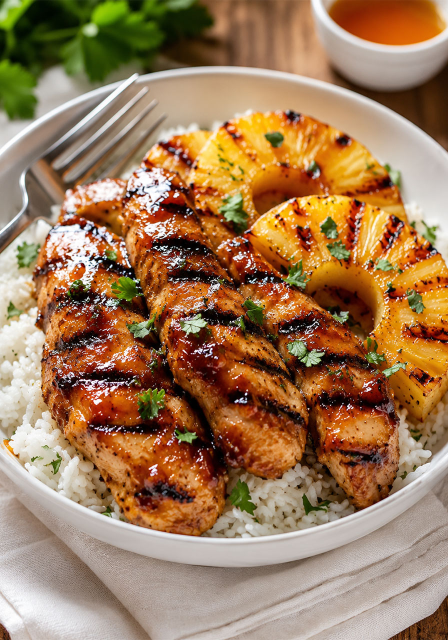Hawaiian chicken with coconut rice served in a white bowl topped with grilled pineapple and honey glaze