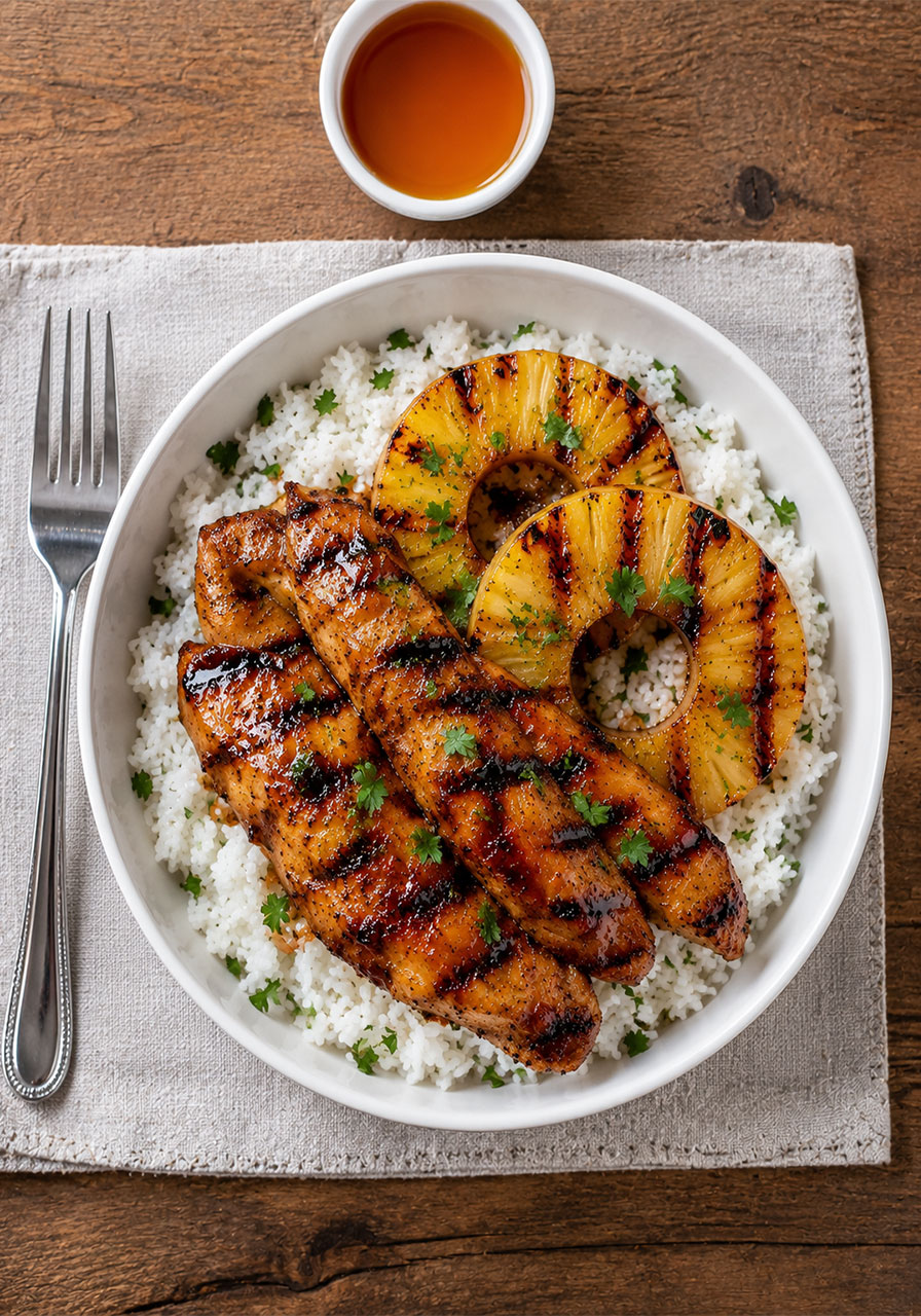 Overhead view of Hawaiian chicken with coconut rice and grilled pineapple in a white bowl, top down food photography