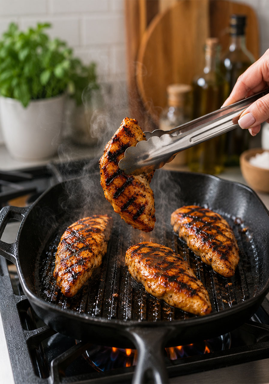 Hawaiian chicken tenderloins sizzling on a cast iron grill pan with caramelized grill marks and marinade glaze