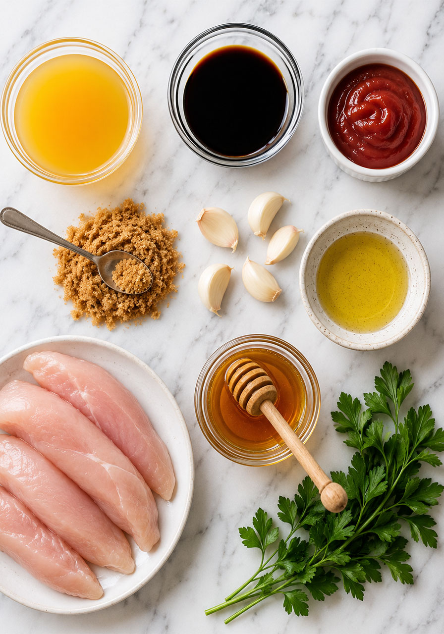Flat lay of Hawaiian chicken marinade ingredients including pineapple juice, soy sauce, garlic, and honey on white marble