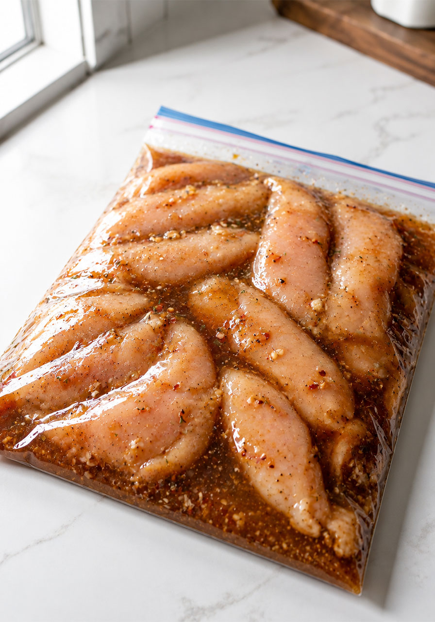 Raw chicken tenderloins marinating in Hawaiian pineapple soy marinade inside a sealed zip-lock bag