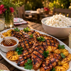 Hawaiian chicken and grilled pineapple on a serving platter with coconut rice for a summer party spread