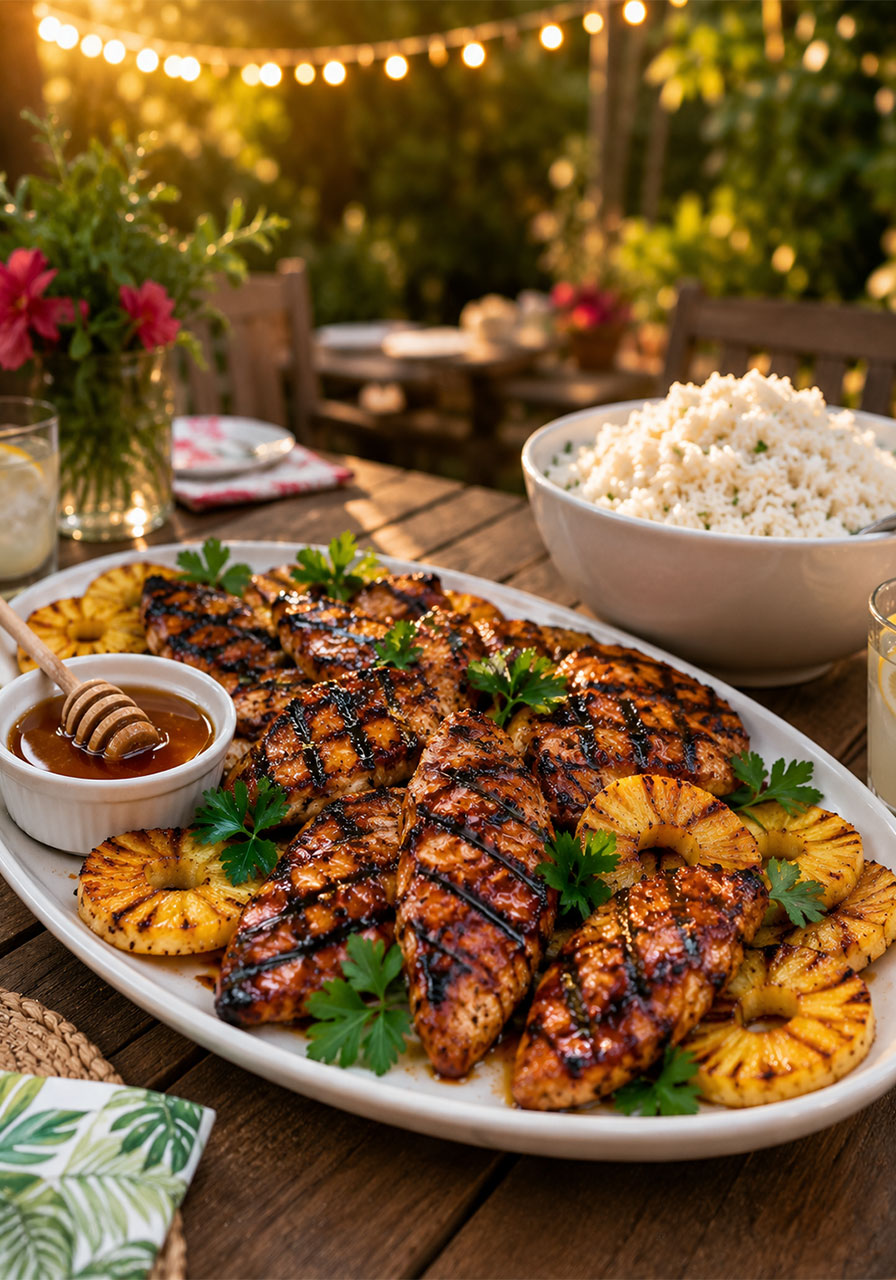 Hawaiian chicken and grilled pineapple on a serving platter with coconut rice for a summer party spread