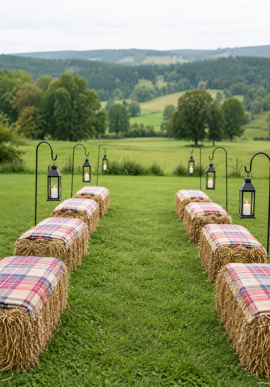 Rustic hay bale seating with plaid blankets and lanterns for outdoor summer party in green field