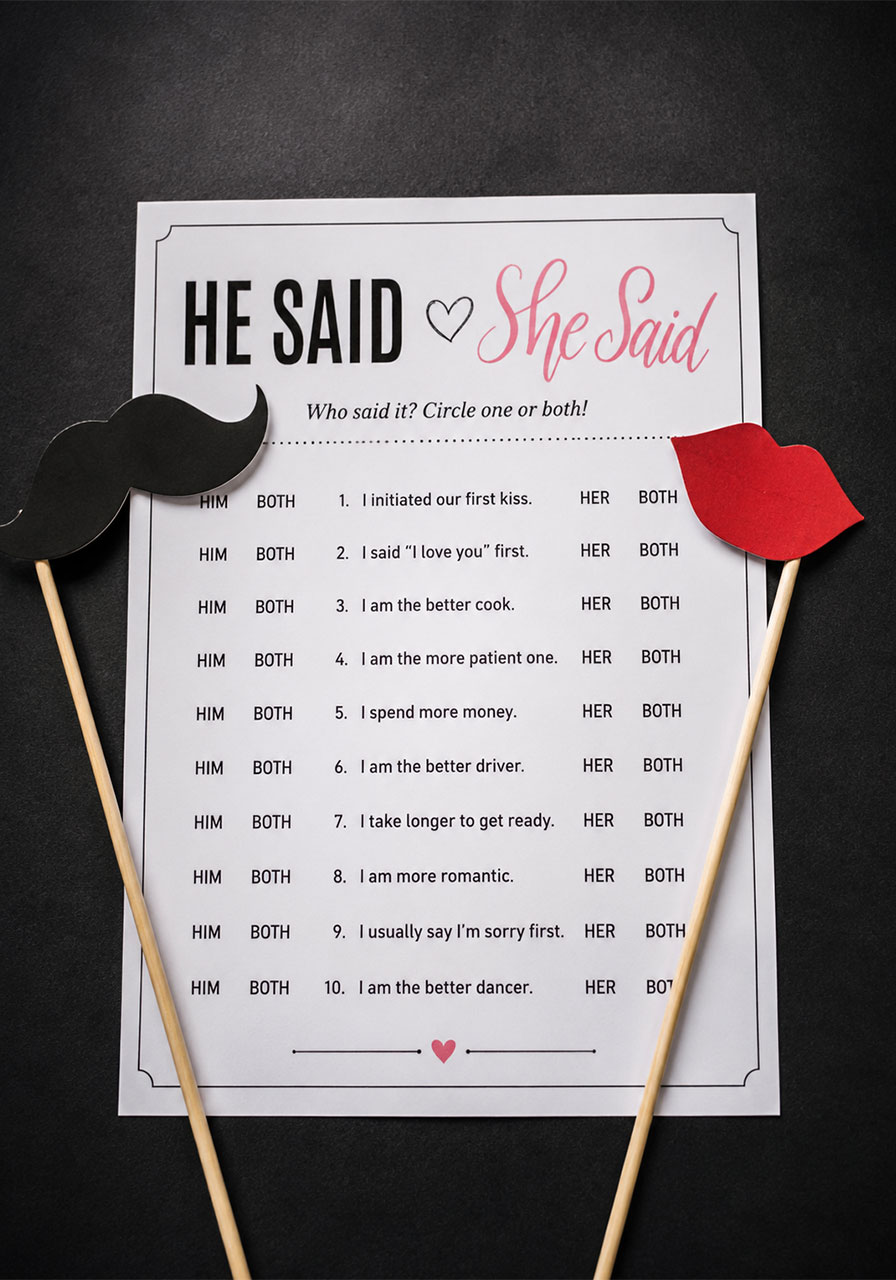 He said she said bridal shower game sheet with mustache and lips props – hilarious couples game idea for bridal shower