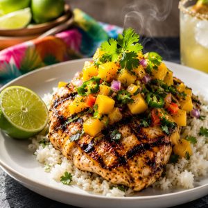 Healthy honey lime chicken with mango salsa served over white rice on a ceramic plate