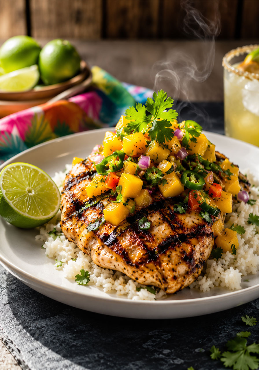 Healthy honey lime chicken with mango salsa served over white rice on a ceramic plate