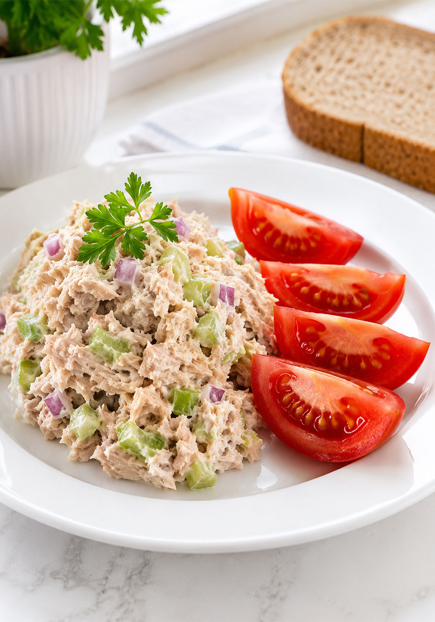 Healthy tuna salad with sweet onion and celery served with fresh tomato wedges, an easy no-cook summer lunch