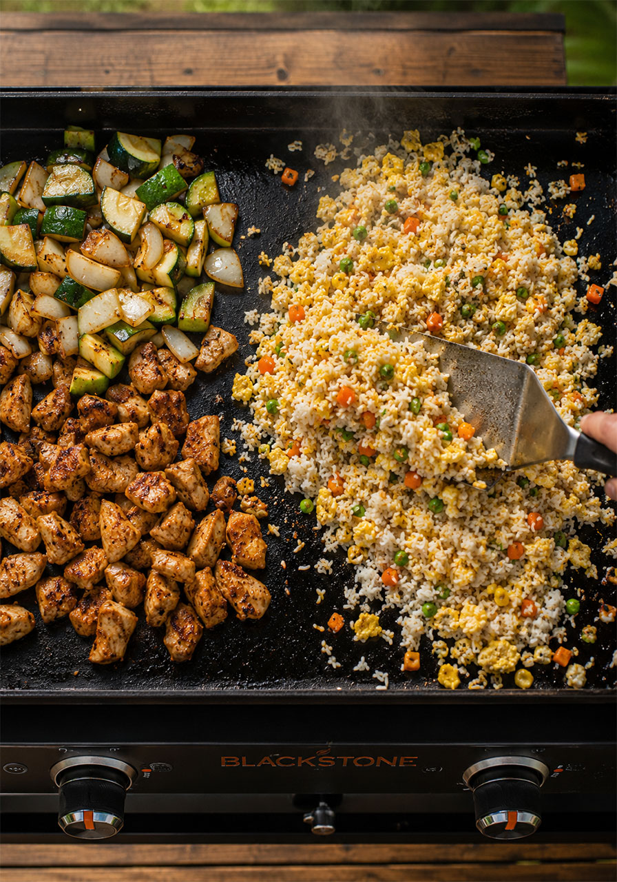 Fried rice with scrambled egg, peas, carrots, and corn being cooked on the Blackstone griddle