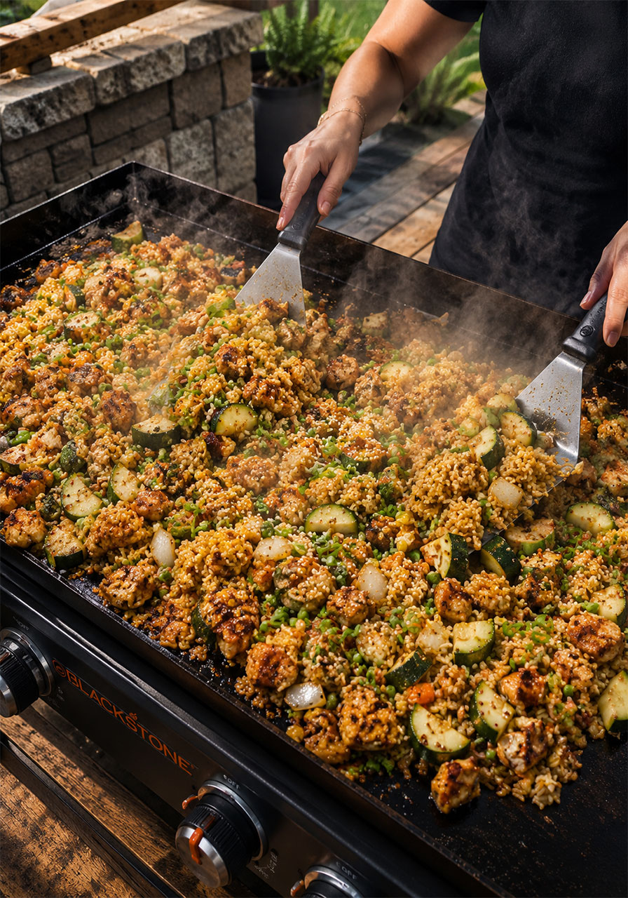 Hibachi chicken, fried rice, and vegetables being combined together on the Blackstone griddle