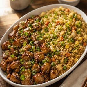 Plated Blackstone hibachi chicken and fried rice garnished with green onions and sesame seeds
