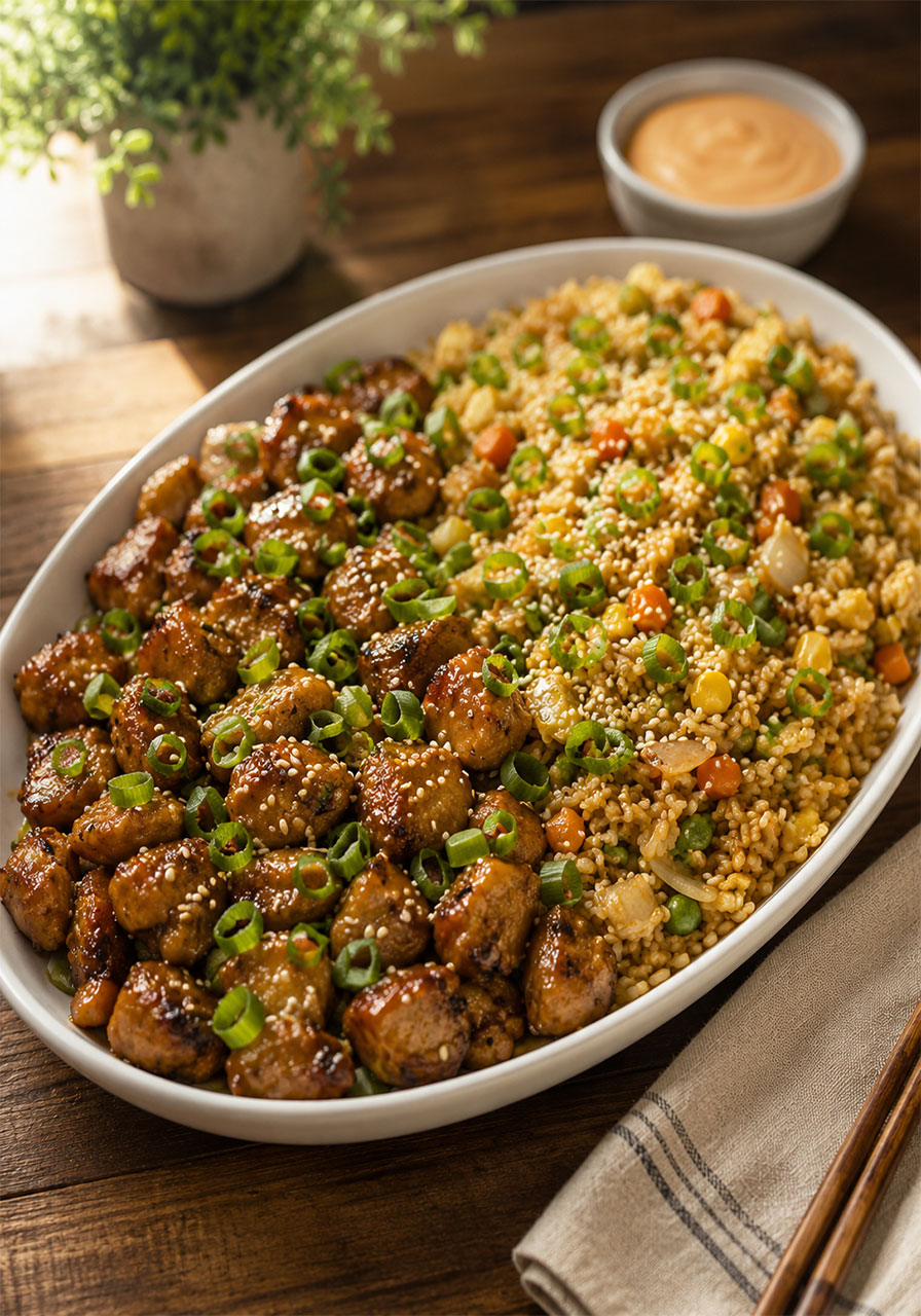 Plated Blackstone hibachi chicken and fried rice garnished with green onions and sesame seeds