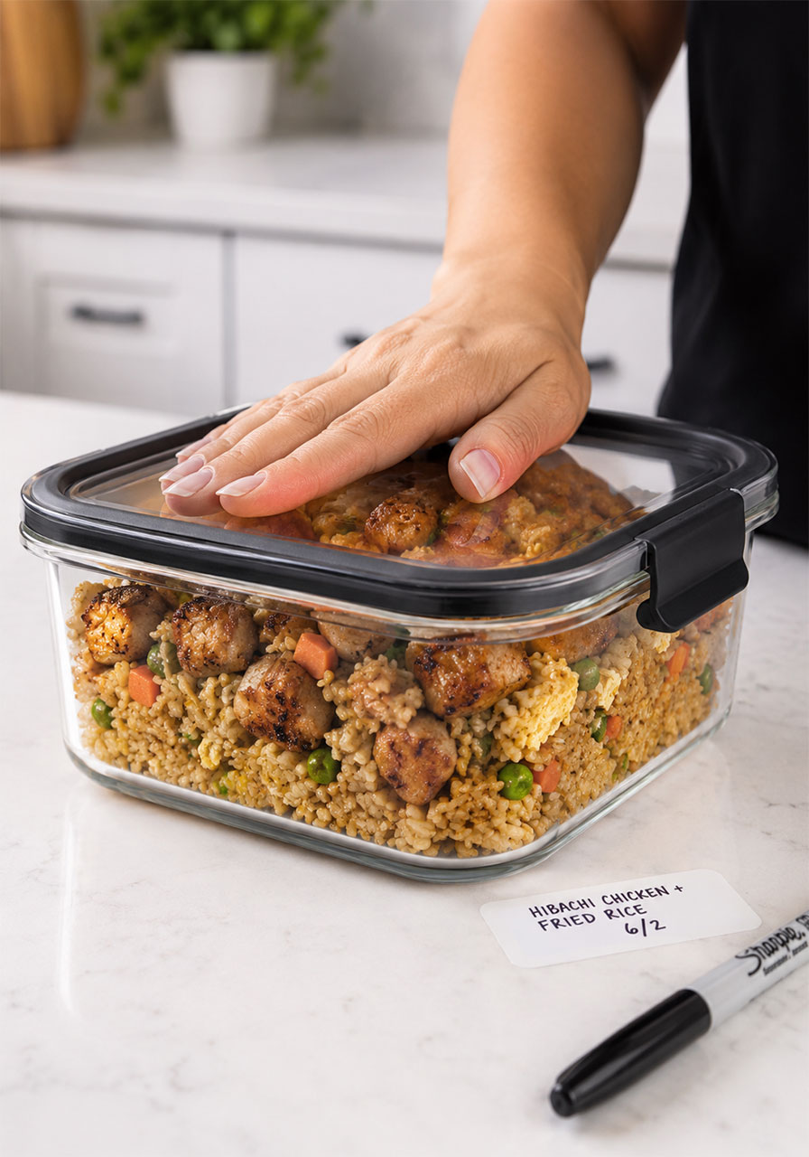 Leftover Blackstone hibachi chicken and fried rice stored in an airtight glass container for meal prep
