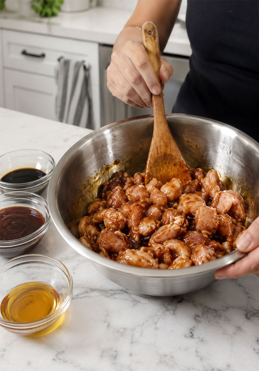 Raw chicken thighs marinating in soy sauce, teriyaki sauce, and sesame oil in a mixing bowl