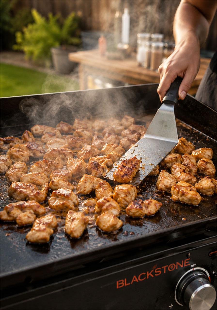 Hibachi chicken pieces searing on the Blackstone griddle with golden-brown caramelized edges