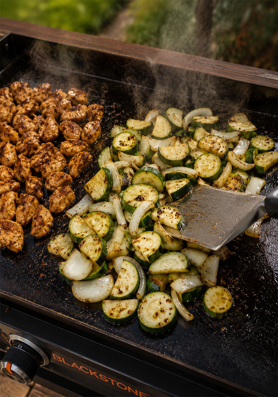 Zucchini and onion sautéing on the Blackstone griddle next to cooked hibachi chicken