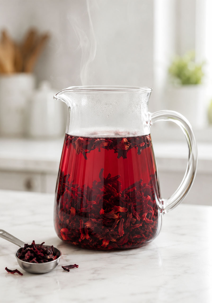 Dried hibiscus flowers steeping in a clear glass pitcher of hot water turning deep ruby red on a bright kitchen countertop