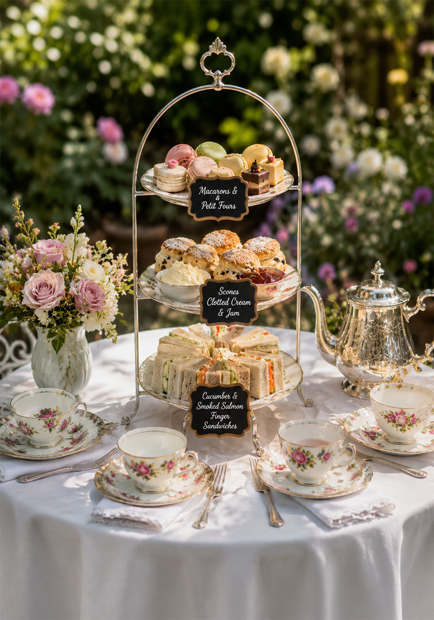 Elegant high tea birthday party with fine china tiered cake stand finger sandwiches and macarons