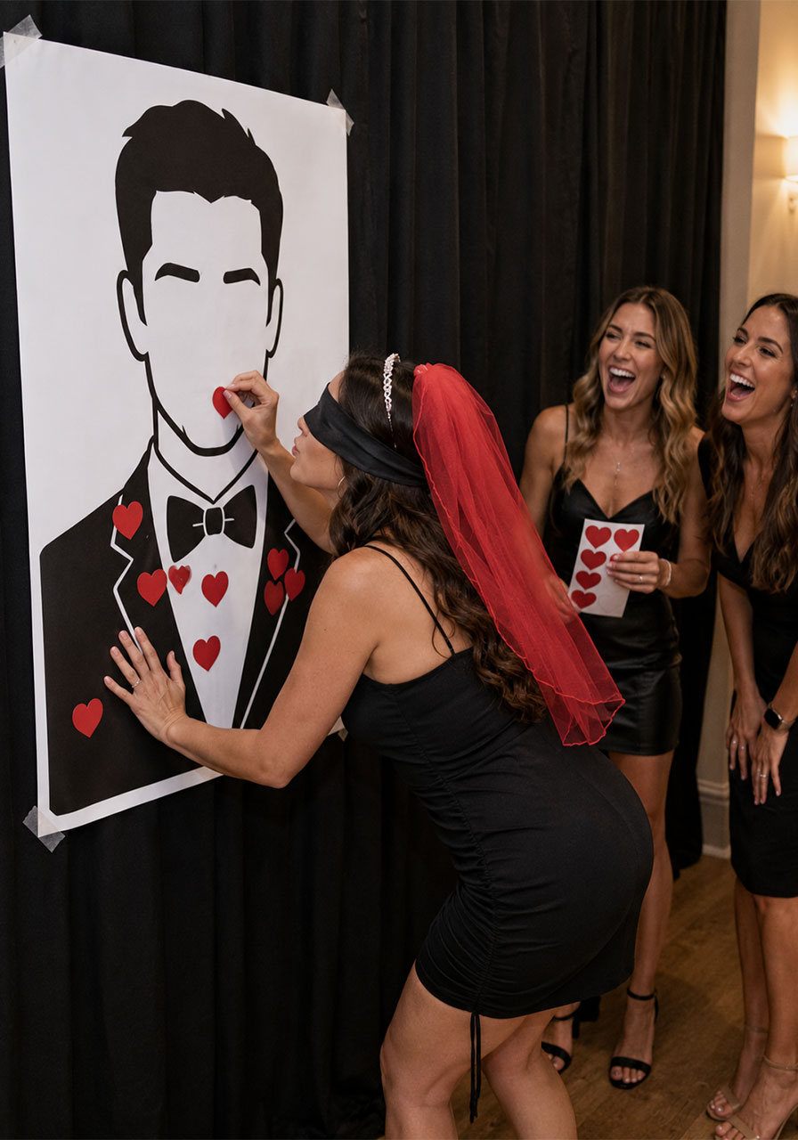 Blindfolded bride-to-be playing kiss the groom, a hilarious bachelorette party game