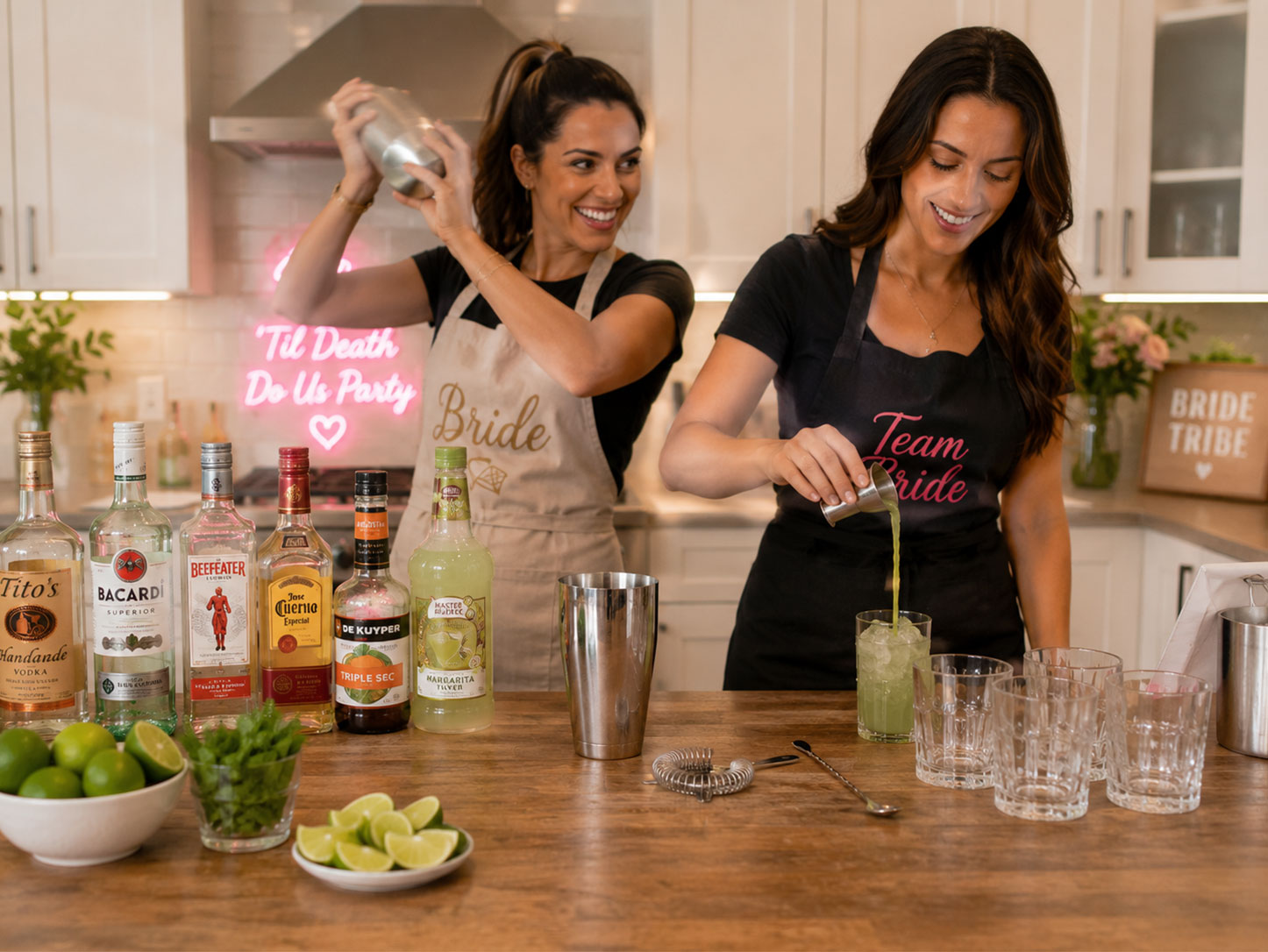Friends mixing signature cocktails for a bachelorette party mixology challenge