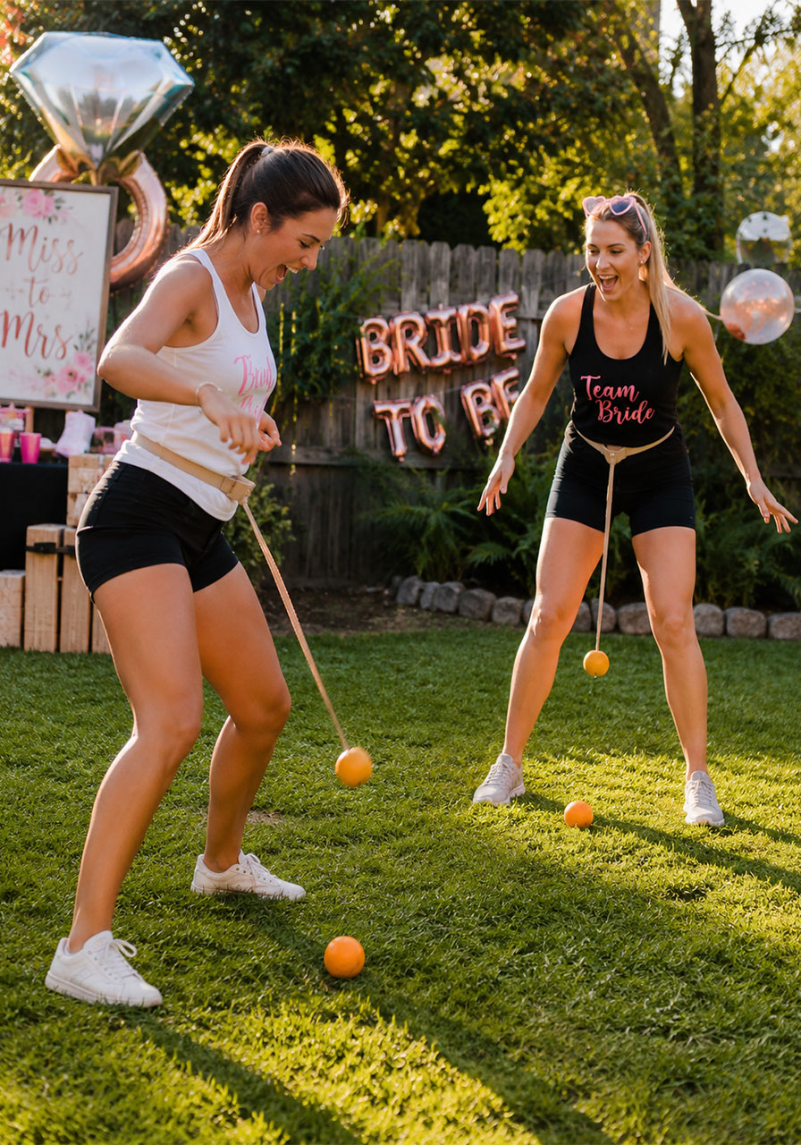 Bachelorette party guests playing the swing your ding-a-ling orange game outdoors