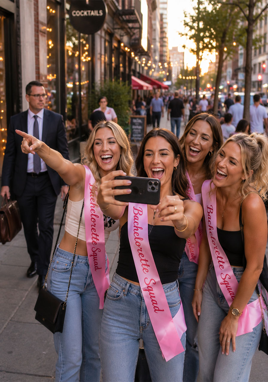 Bachelorette party group on a fun scavenger hunt for guys around town