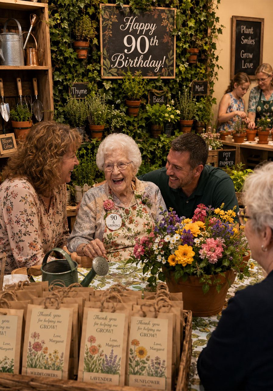 Gardening-themed 90th birthday party with floral apron honoree, vertical herb wall, and seed packet favors
