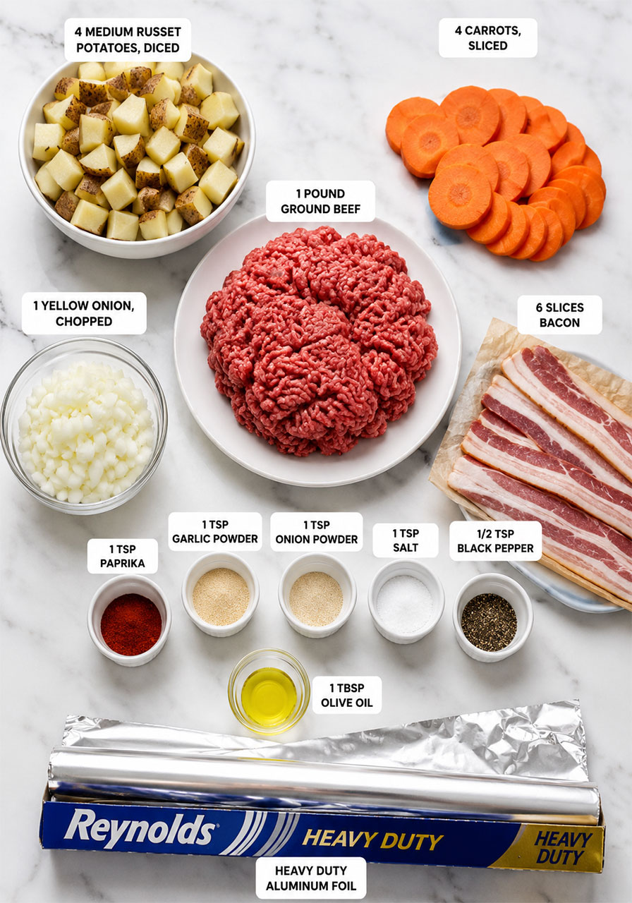 All ingredients for tasty hobo foil packets laid out overhead including ground beef, potatoes, carrots, bacon, and seasonings
