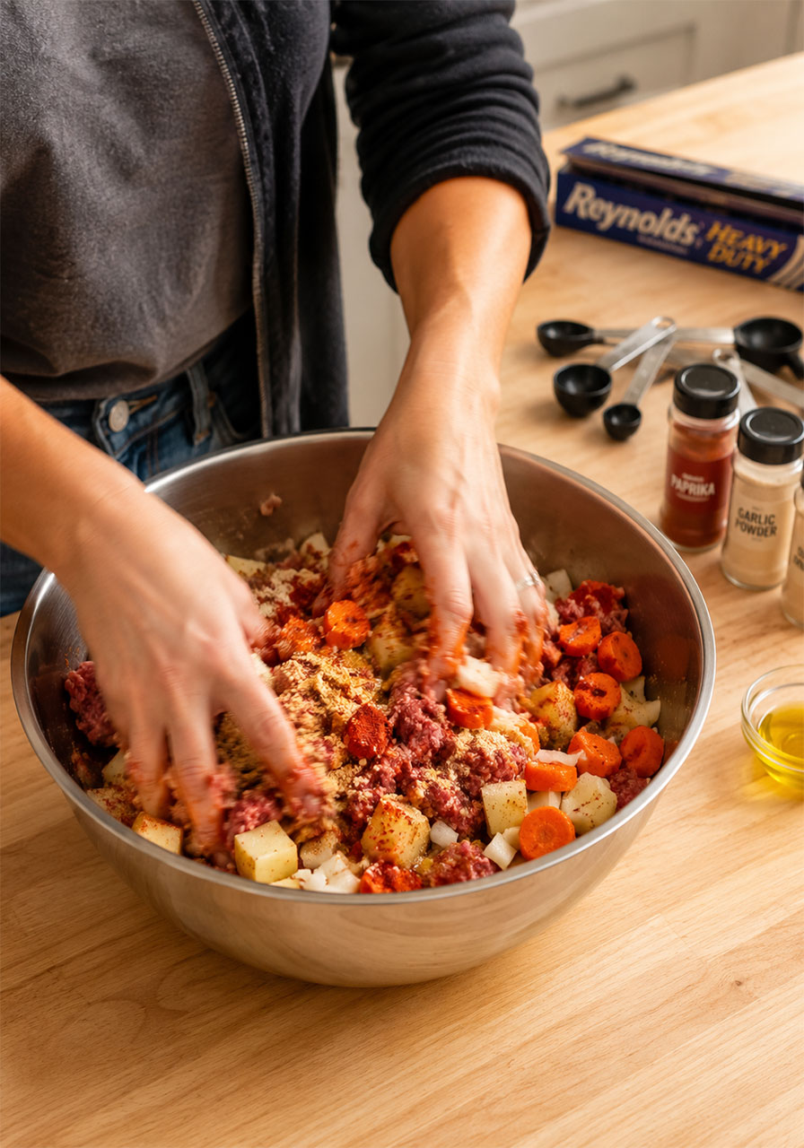 Woman mixing ground beef potatoes carrots and seasonings in large bowl for hobo foil packet filling
