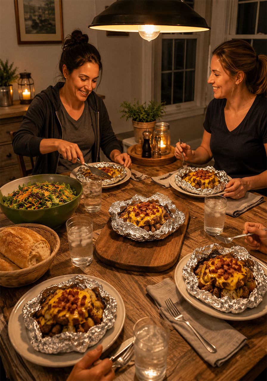 Cheesy bacon hobo foil packets served open on plates at a warm family dinner table with salad and bread