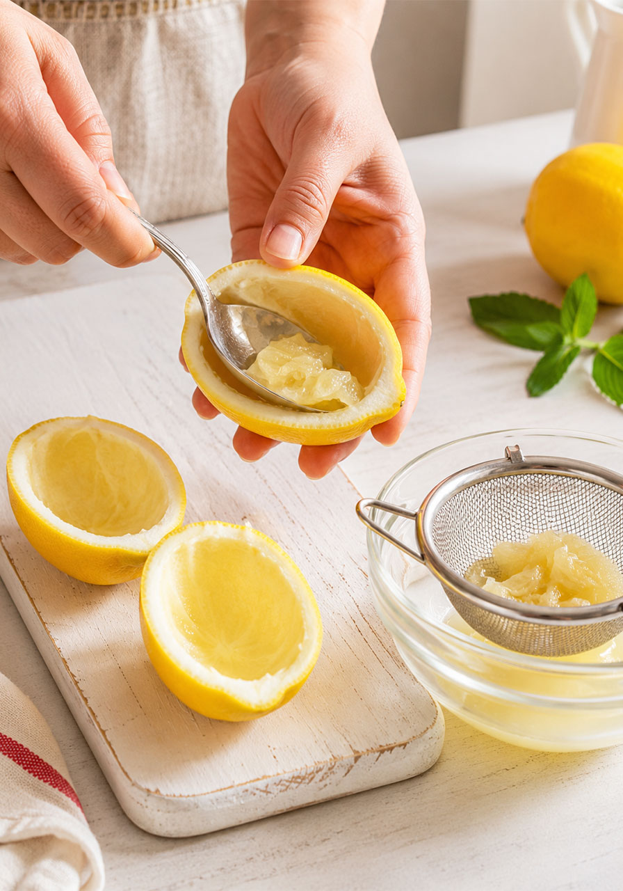 Hands using a spoon to hollow out lemon halves lengthwise for easy lemon posset serving shells