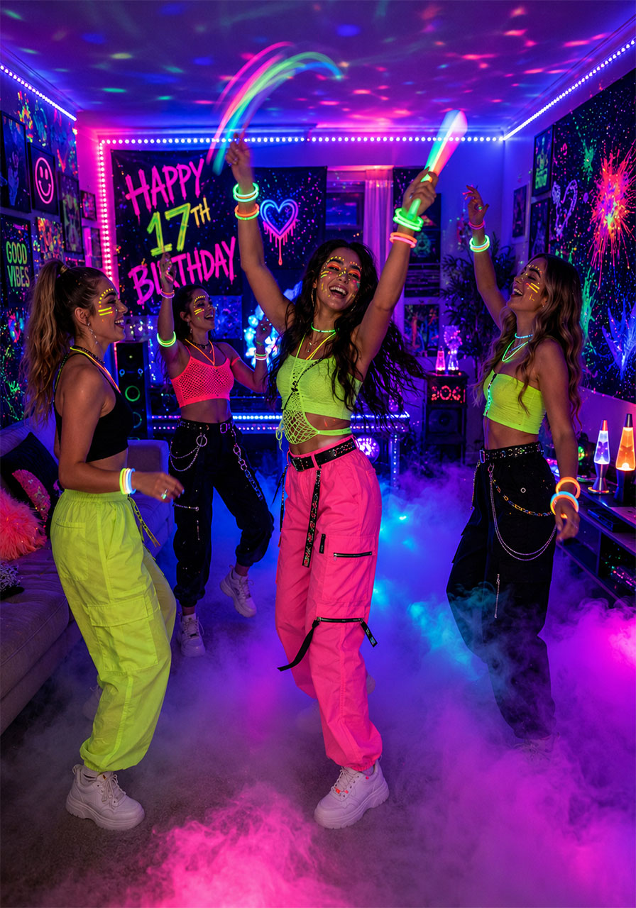 Teen girls dancing with glow sticks at home rave birthday party with LED lights and fog machine