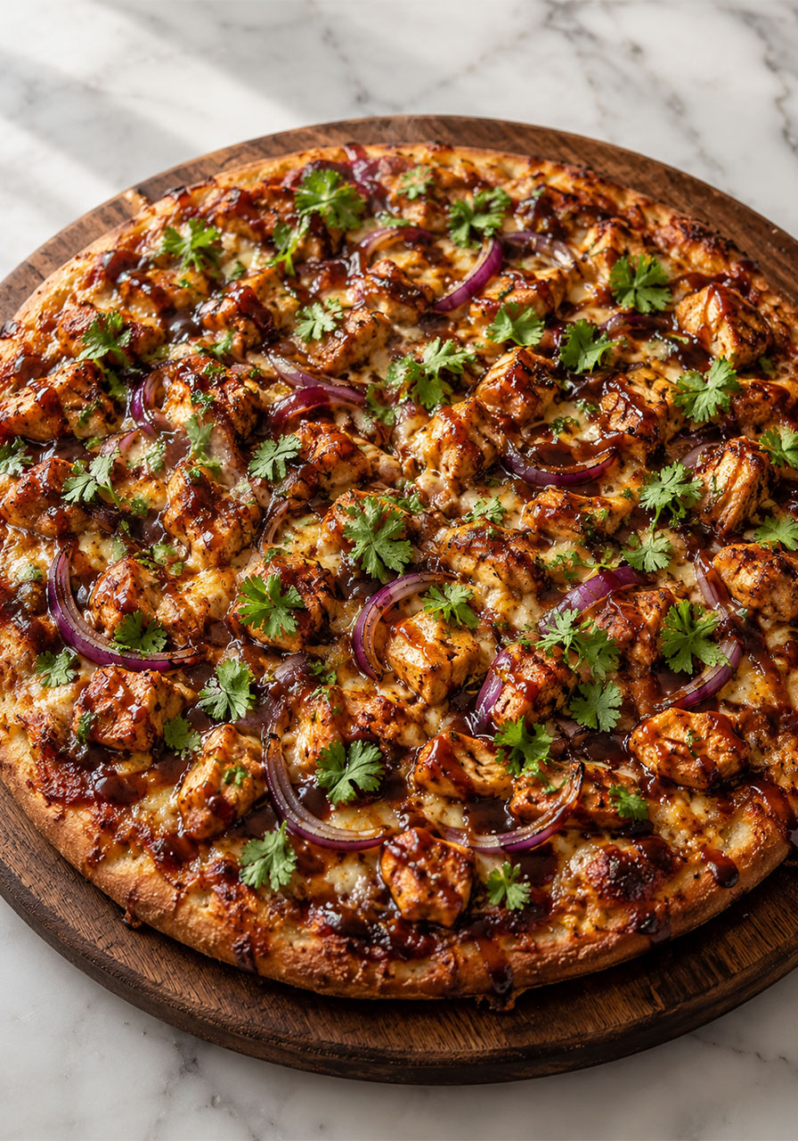 Homemade BBQ chicken pizza with caramelized onions and fresh cilantro on a rustic wood board