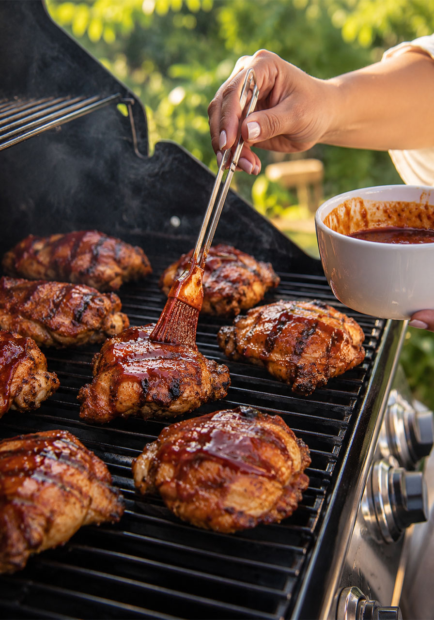 Brushing homemade BBQ sauce onto grilled chicken thighs on an outdoor grill